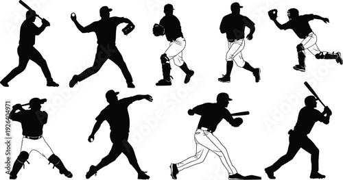 Set of Baseball Player Silhouettes Featuring Professional Athletes Pitching Batting Catching and Running Isolated on White Background for Sports Graphic Design and Team Branding