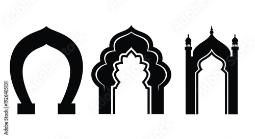 Three ornate islamic archways depicted in a stark black silhouette