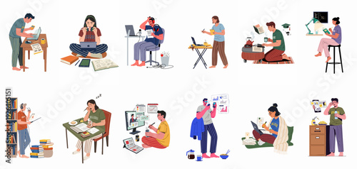 Young adults studying and working from home, showcasing various educational and remote work scenarios with technology, books, and daily routines.