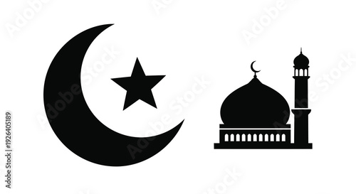 Islamic crescent moon star and mosque in a black silhouette