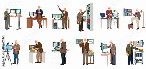 Distinguished Senior Professor Engaged in Modern Academic Work, Blending Digital Research, Online Teaching, and Traditional Study Methods.