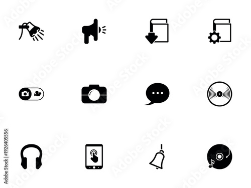 Black Glyph Icon Set for Digital Media Communication and Settings Management