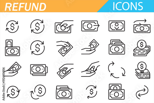 Refund and Cash Back Icons Outline Vector Set for Finance Design