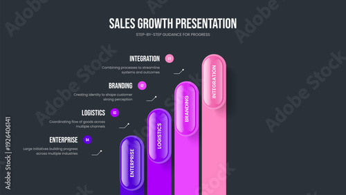 Market Briefing Slideshow Template Vector Illustration. Consulting Introduction Four Option Diagram Slide Layout. Marketing Showcase 4 Step Infographic Frame Design.