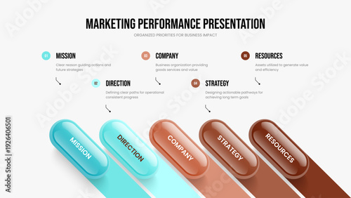 Advertising Portfolio 5 Step Diagram Slideshow Template. Professional Overview Slide Design Vector Illustration. Sales Briefing Five Element Infographic Frame Layout.