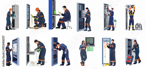 Diverse team of IT professionals managing, installing, and maintaining servers, network infrastructure, and data center equipment.