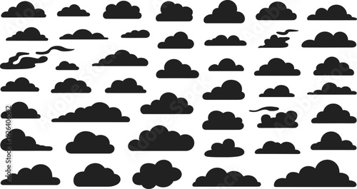 Cloud silhouette icon collection with various shapes, black weather symbols set, flat vector illustration elements isolated on white background for design