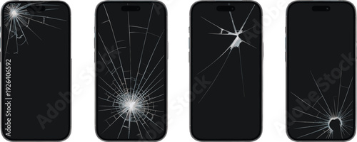 Cracked smartphone screen collection with shattered glass impact marks, damaged mobile display mockups, black background device frames, repair and replacement concept isolated on white