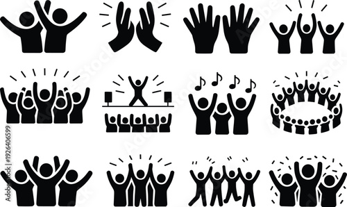 Crowd cheering icons collection with raised hands, concert audience silhouettes, party celebration symbols, music festival people vector set isolated on white background