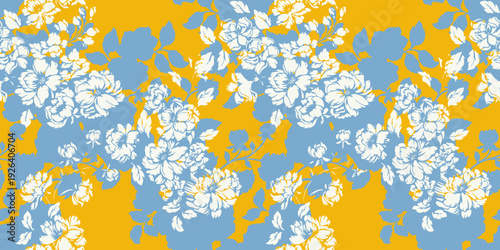 Seamless floral vector pattern with white blossoms and soft blue leaves on a vibrant mustard yellow background. Elegant botanical repeat design for fabric, wallpaper and decor