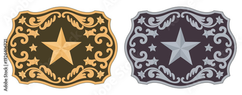 Sheriff Star Badge Rodeo Cowboy Belt Buckle, Texas Five Point Star, Western Wild West Symbol, Stylized Frame Vector Graphics