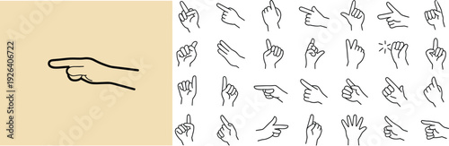 Hand pointing gesture icons collection, finger direction symbols set, outline vector illustration of human hand signs isolated on white background for web design