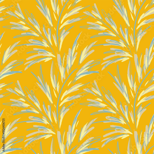 Seamless tropical vector pattern with stylized palm leaves in soft blue, cream, and light green tones on a bold yellow background. Modern hand drawn botanical design for summer textiles and prints