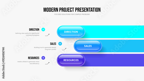 Company Visualization Three Option Infographic Slide Template. Business Planning 3 Element Diagram Presentation Layout. Product Portfolio Slideshow Design Vector Illustration.