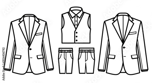 Formal men's clothing illustration suits vests and pants in black and white line art