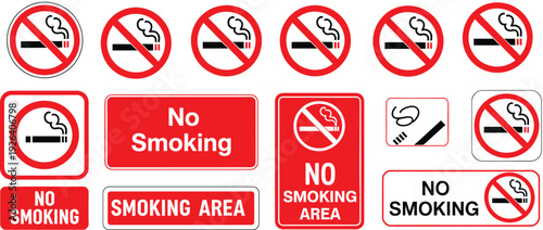 No smoking signs collection with red prohibition symbols, cigarette icon crossed out, warning labels and smoke free area notices, isolated vector set on white background