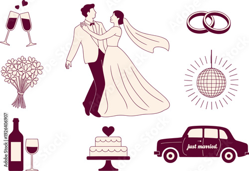 Wedding celebration illustration with bride and groom dancing, champagne glasses, rings, bouquet, cake, disco ball and just married car, romantic line art set