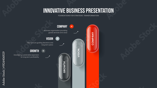 Modern Performance Slide Template Vector Illustration. Visual Visualization 3 Step Diagram Presentation Design. Financial Report Three Option Infographic Slideshow Layout.