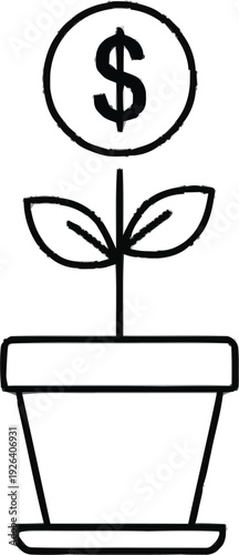 Plant in pot with dollar coin flower growing from soil as metaphor for financial growth and investment success today