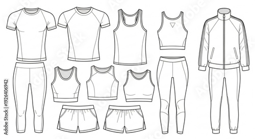Collection of various athletic wear outfits and individual clothing items for fitness and sports activities