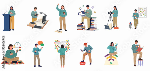 Collection of diverse individuals engaged in public speaking, communication, learning, and professional activities, illustrating modern education and work scenarios.