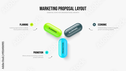 Market Campaign Three Option Infographic Frame Design. Creative Portfolio 3 Step Diagram Slideshow Layout. Company Plan Presentation Template Vector Illustration.