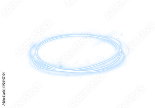 Hovering blue spiral glowing with glitter dust. Electric streaks swirl along circular motion trails. Futuristic abstract frame for digital art.