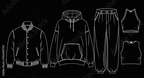 Collection of casual clothing items including jacket hoodie pants and tops on black background