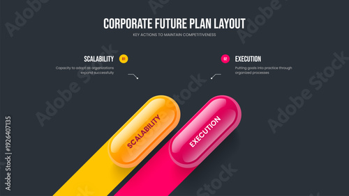 Market Launch Two Element Infographic Slideshow Layout. Advertising Portfolio 2 Option Diagram Slide Design. Consulting Profile Frame Template Vector Illustration.