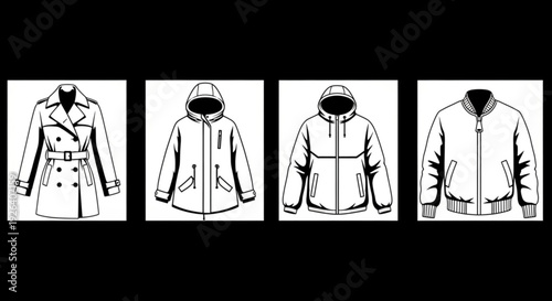 Four different types of jackets and coats on a black background including a trench coat hoodie puffer jacket and sweater showcasing various styles and designs