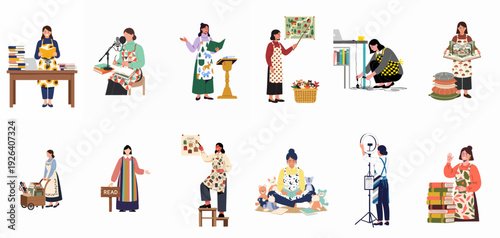 Collection of diverse women engaged in reading, storytelling, teaching, and education, promoting literacy and creativity in various settings.