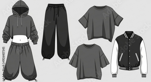 Collection of casual clothing items including hoodies t shirts pants and a varsity jacket in grayscale