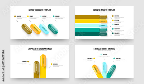 Service Showcase Four Five Two Three Element Diagram Slideshow Template Vector Illustration Collection. Company Campaign 4 5 2 3 Step Infographic Slide Layout Bundle.