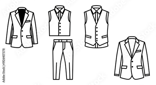 Formal wear illustration set featuring suit jacket trousers and waistcoat in various configurations and styles on white background