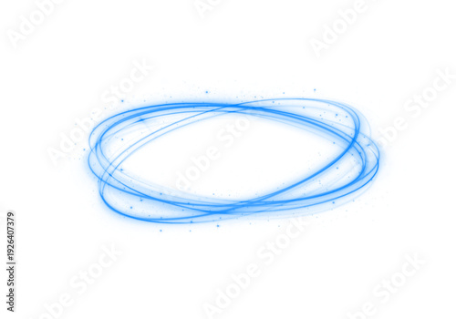 Floating sapphire blue loop with sparkling light streaks. Neon particles swirl dynamically around circular frame. Modern energy frame isolated for PNG.