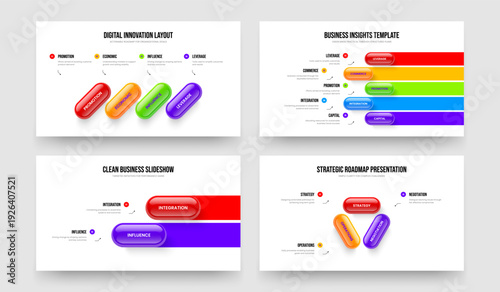 Modern Innovation Four Five Two Three Step Diagram Slide Design Vector Illustration Set. Marketing Visualization 4 5 2 3 Element Infographic Slideshow Template Bundle.
