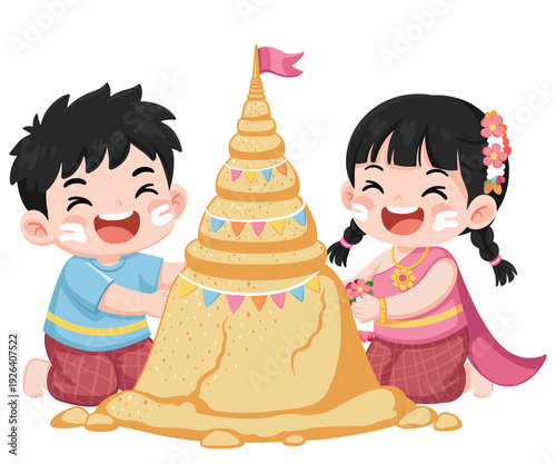 A girl and a boy are building sand pagodas during the Songkran festival.
