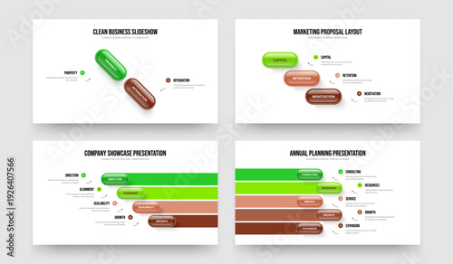 Enterprise Strategy 2 3 4 5 Element Diagram Presentation Layout Collection. Marketing Portfolio Two Three Four Five Step Infographic Slideshow Design Vector Illustration Set.