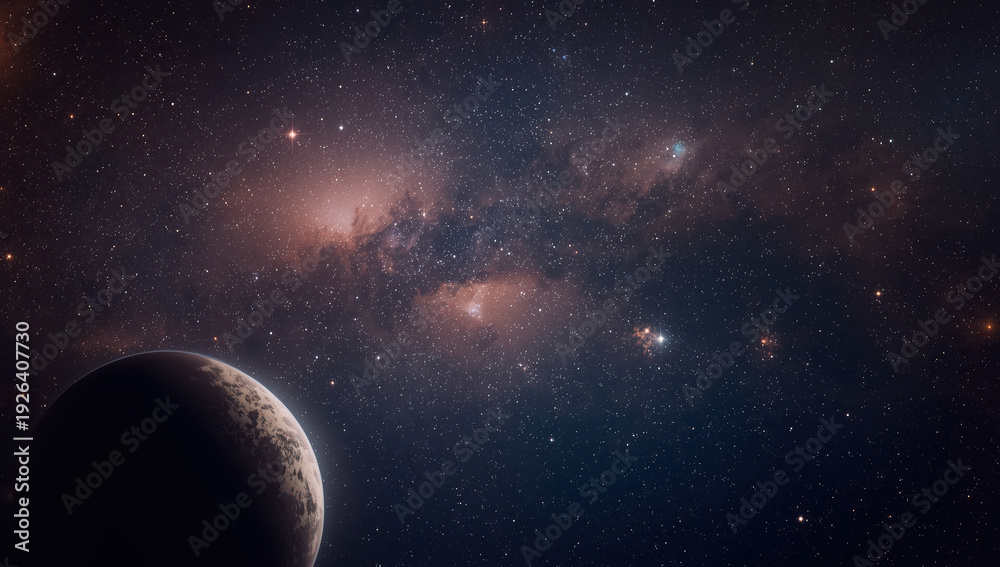 Fototapeta premium Mysterious rocky planet foreground with distant Milky Way nebula and starfield, awe inspiring