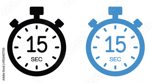 15 Seconds Timer Stopwatch Icon, countdown clock symbol with precise time measurement display