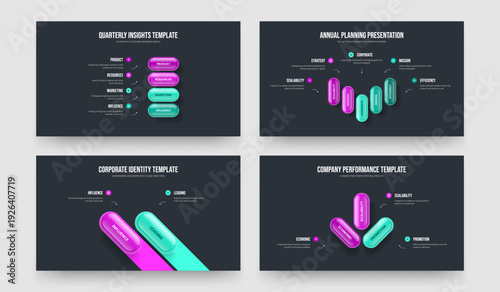 Product Overview Four Five Two Three Option Diagram Slide Template Vector Illustration Set. Consulting Performance 4 5 2 3 Step Infographic Frame Layout Collection.