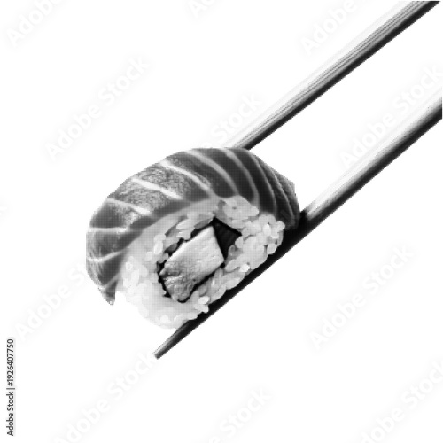Black and white halftone illustration of sushi roll held by chopstick, isolated on white background. Minimal Japanese food graphic in retro engraving style.