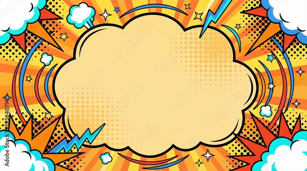 Obraz premium Vibrant Pop Art Comic Background with Empty Speech Bubble for Dynamic Text and Energetic Messages, featuring Explosive Starbursts and Halftone Dots