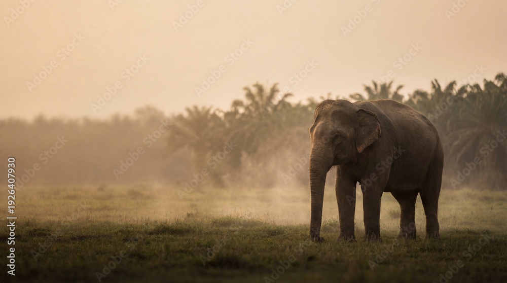 Fototapeta premium Thai elephant in tropical forest at golden sunset
