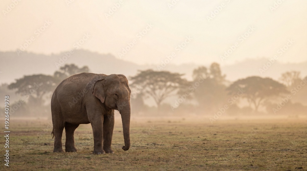 Fototapeta premium Thai elephant in tropical forest at golden sunset