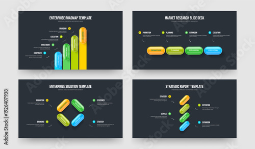 Company Campaign Four Element Infographic Frame Template Vector Illustration Set. Digital Plan 4 Option Diagram Slideshow Design Collection.