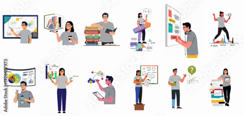 Statistical Analysis and Data Science Concepts Illustration: Diverse Individuals Engaging with Data Visualization, Regression, Probability, and Hypothesis Testing for Research and Education.