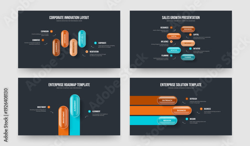 Business Development 4 5 2 3 Step Diagram Slideshow Design Set. Digital Overview Four Five Two Three Option Infographic Presentation Layout Vector Illustration Collection.