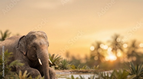 Thai elephant in tropical forest at golden sunset