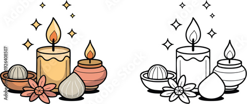 Diyas (oil lamps) Illustration and outline set isolated on transparent background
